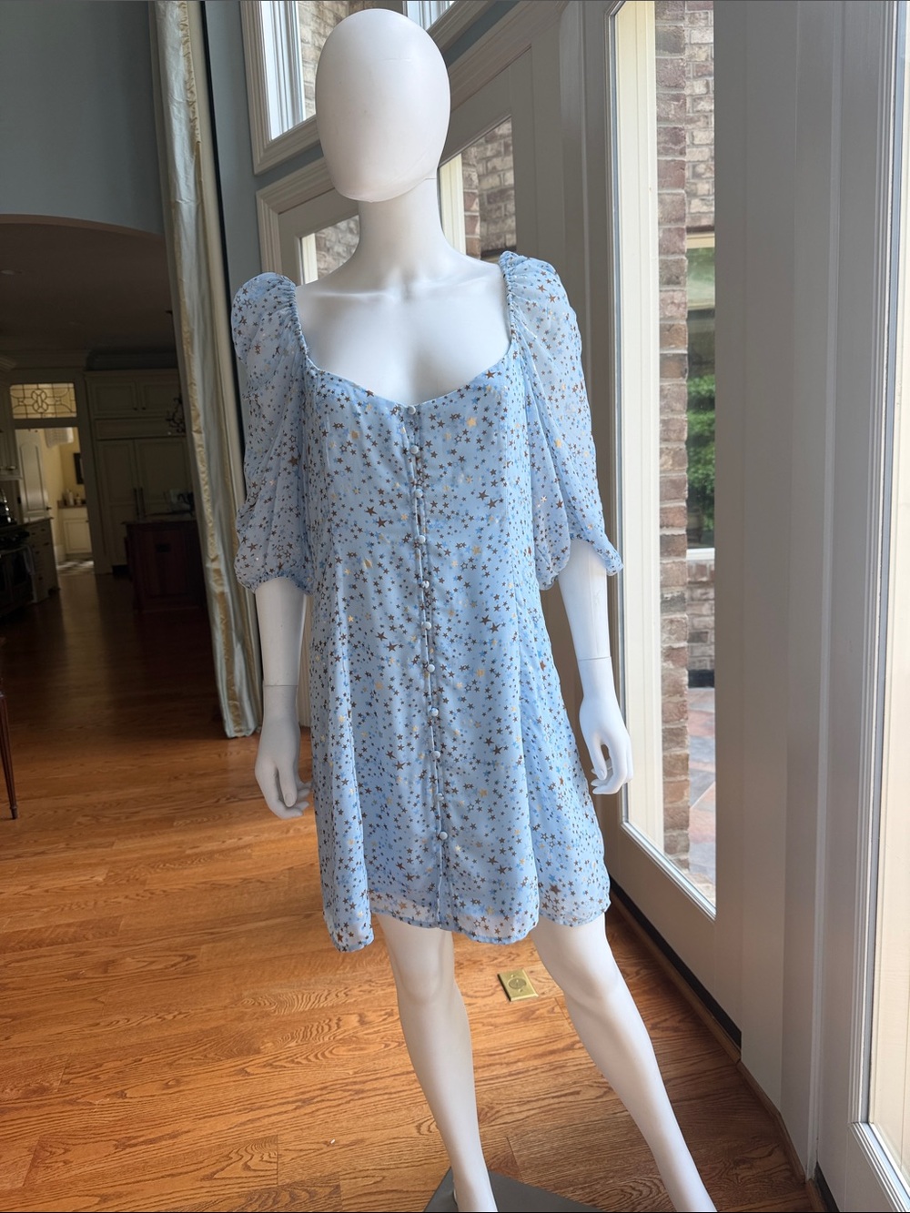 Buddy Love Light Blue Star-Print Puff Sleeve Mini Dress